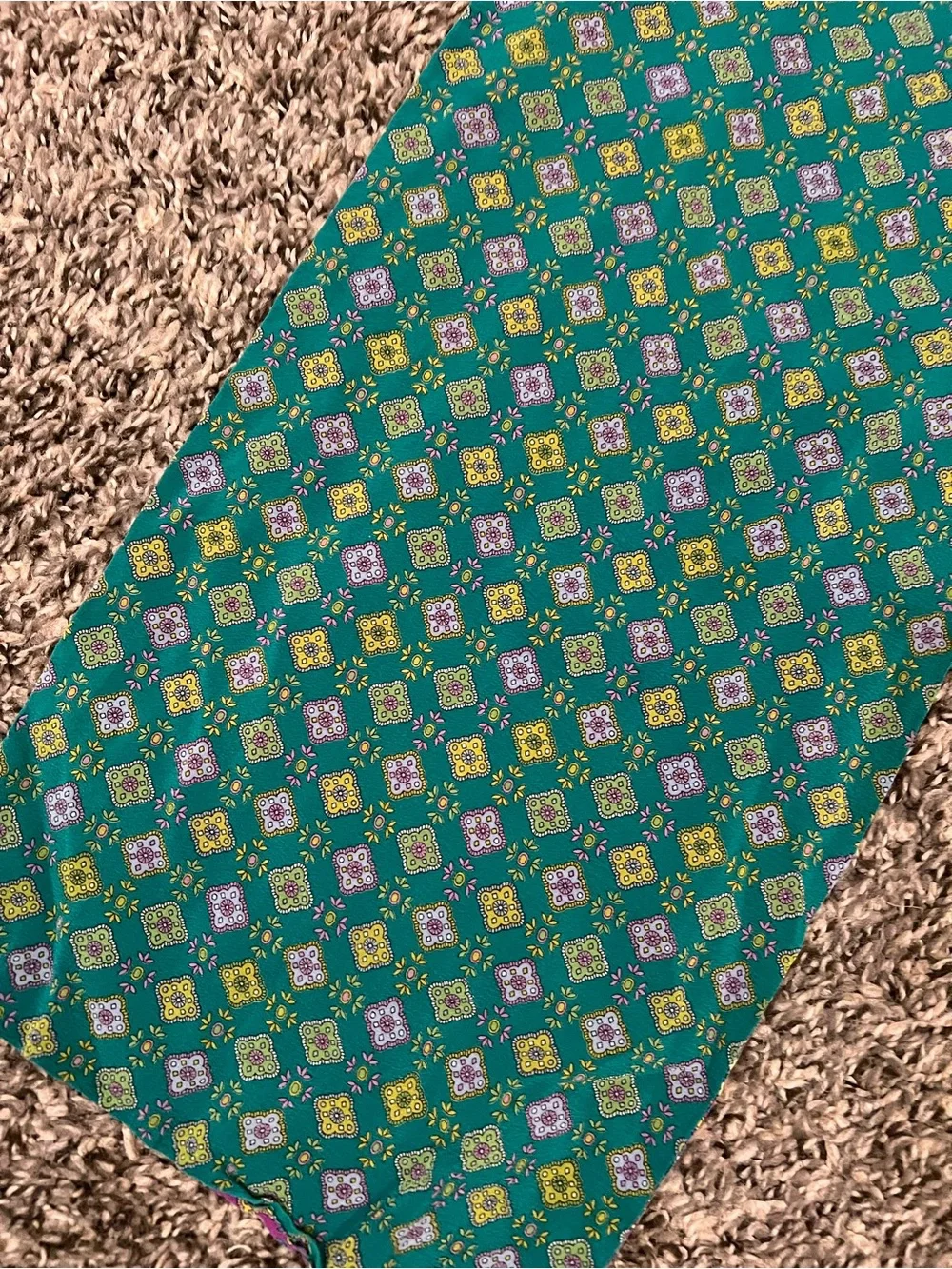Vintage purple green silk diamond patterned neck scarf geometric retro mod